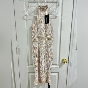 Pretty Little Thing white lace, high-neck dress